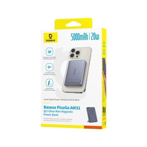 Powerbank Baseus PicoGo AM31 Qi2 5000mAh 20W ultracienki kompatybilny z MagSafe z podstawką z kablem plecionym Baseus Simple USB