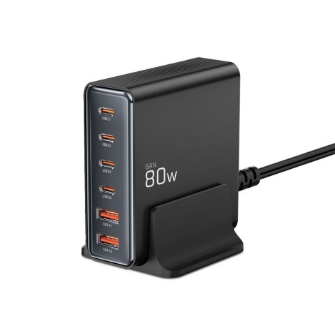 Ładowarka Biurkowa Tech-Protect DC80W-GaN 6-Portowa PD 80W / QC3.0 - Czarna