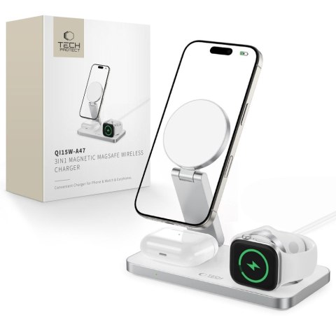 Tech-Protect Qi15W-A47 3w1 magnetyczna Ładowarka bezprzewodowa MagSafe biały
