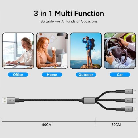 Tech-Protect UltraBoost DNA Kabel 3w1 Lightning & USB-C & Micro-USB 3A 120cm Ciemnoszary