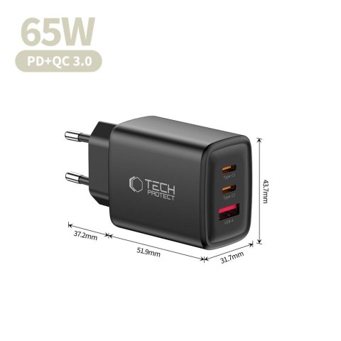 Tech-Protect NCA65W-GaN 3-portowa ładowarka sieciowa PD 65W / QC3.0 czarny