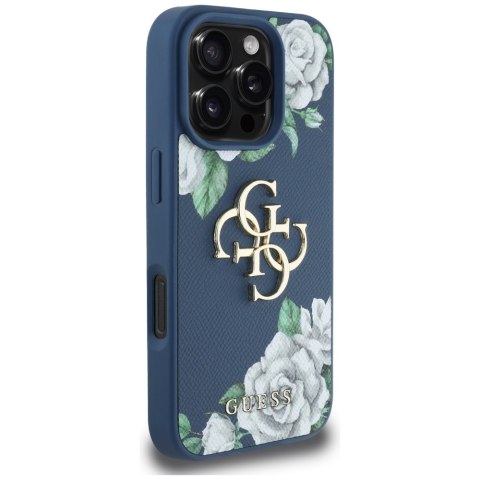 Etui Guess Grained Roses Big 4G logo do i Phone 16 Pro niebieski