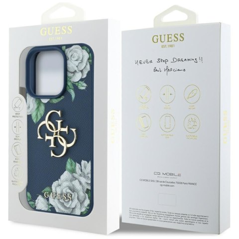 Etui Guess Grained Roses Big 4G logo do i Phone 16 Pro niebieski