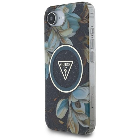 Etui Guess IML Metal Glitter Flowers Triangle Mag Safe do i Phone 16e czarny