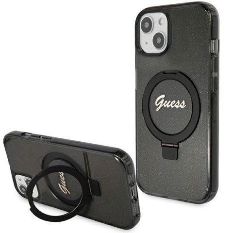 Guess GUHMP13MHRSGSK i Phone 13 / 14 / 15 6.1" czarny/black hardcase Ring Stand Script Glitter Mag Safe