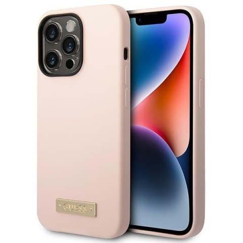 Guess GUHMP14XSBPLP i Phone 14 Pro Max6,7" różowy/pink hard case Silicone Logo Plate Mag Safe