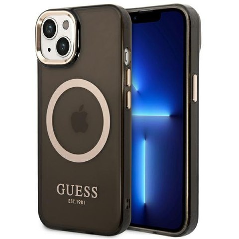Guess GUHMP14SHTCMK i Phone 14 / 15 / 13 6.1" czarny/black hard case Gold Outline Translucent Mag Safe