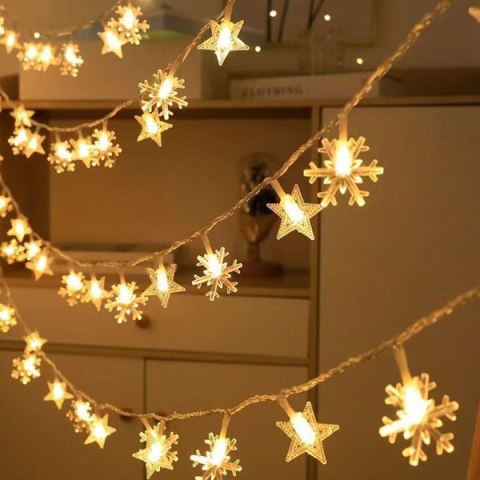 Lampki choinkowe LED snowflake/star - 10m/80 lampek ciepłe białe/warm white zasilane bat. 3x AA EHD-LS06
