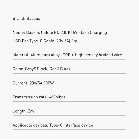Kabel Baseus CATKLF-ALG1 USB-C - USB-C PD QC 100W 5A 2m - szary