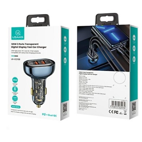 USAMS Ładowarka sam. 2x USB+1x USB-C 125WFast Charge transparent blue CC158CC02 (US-CC158)