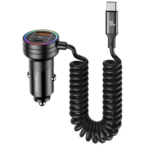 USAMS Ładowarka sam. 2x USB-C 1x USB-A C33 60Wwith spring cable Fast Charge czarny/black CC167CC01 (US-CC167)