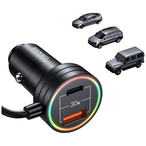 USAMS Ładowarka sam. 2x USB-C 1x USB-A C33 60Wwith spring cable Fast Charge czarny/black CC167CC01 (US-CC167)