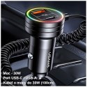 USAMS Ładowarka sam. 2x USB-C 1x USB-A C33 60Wwith spring cable Fast Charge czarny/black CC167CC01 (US-CC167)
