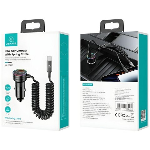 USAMS Ładowarka sam. 2x USB-C 1x USB-A C33 60Wwith spring cable Fast Charge czarny/black CC167CC01 (US-CC167)