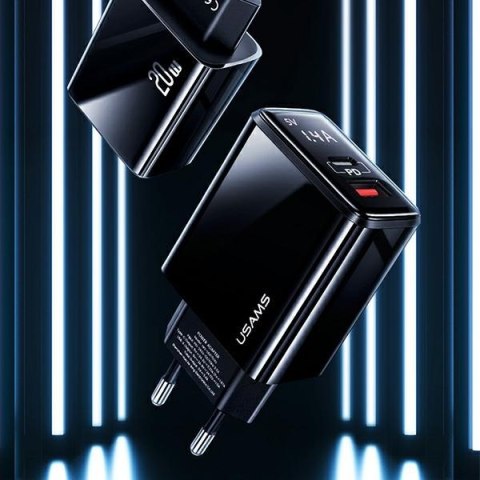 USAMS Ładowarka sieciowa 1x USB-C+1x USB T40 20WLED (only head) PD3.0 +QC3.0 Fast Charging czarny/black CC133TC01 (US-CC133)