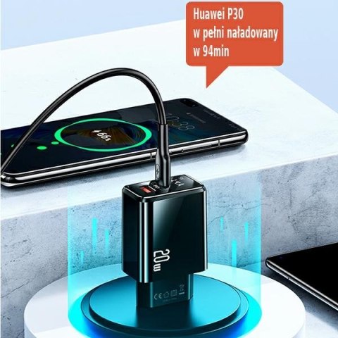 USAMS Ładowarka sieciowa 1x USB-C+1x USB T40 20WLED (only head) PD3.0 +QC3.0 Fast Charging czarny/black CC133TC01 (US-CC133)