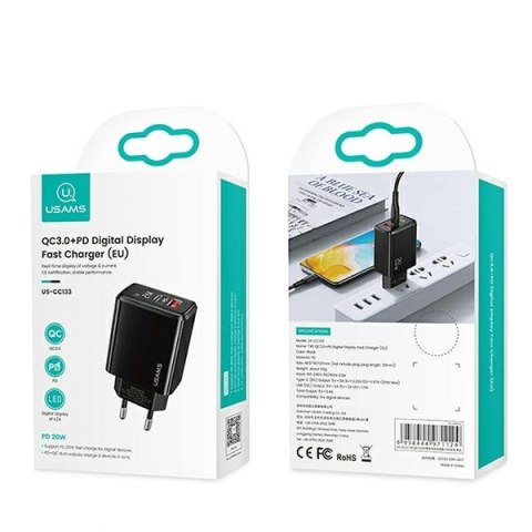 USAMS Ładowarka sieciowa 1x USB-C+1x USB T40 20WLED (only head) PD3.0 +QC3.0 Fast Charging czarny/black CC133TC01 (US-CC133)