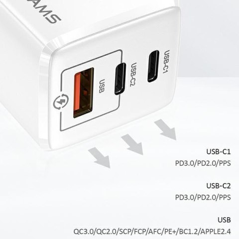 USAMS Ładowarka sieciowa MT 2x USB-C+USB Ga N 65WT33 PD (only head) Fast Charging biały/white CC110TC02 (US-CC110)
