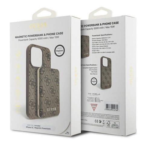 Zestaw Guess GUBPM5P15S4GEMGW i Phone15 6.1" hardcase + Powerbank 5000m Ah Mag Safe brązowy/brown 4G Metal Logo