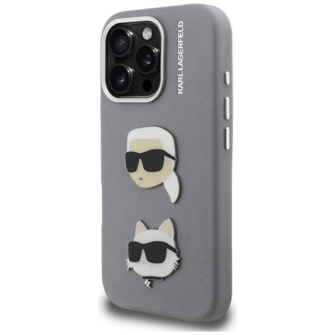 Etui Karl Lagerfeld FW Grained Karl & Choupette Heads Pins do i Phone 16 Pro Max szary