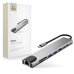Tech-Protect HB09 Adapter Hub 8w1 Type-C + USB-A3.0 + USB-C3.0 + HDMI 4K 60Hz + SD/TF + PD100W + RJ45 1000MB/S Szary Space