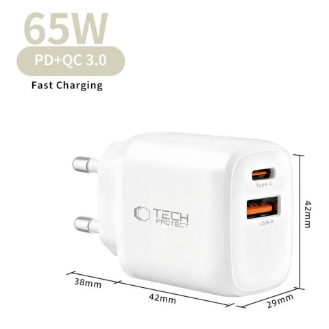 Tech-Protect NCA65W-GaN 2-portowa ładowarka sieciowa PD 65W / QC3.0 biały