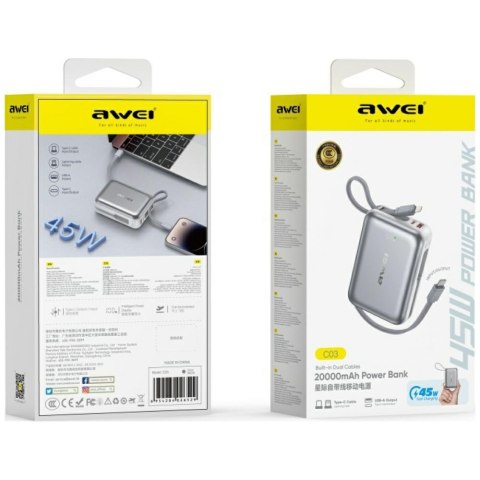 Powerbank Awei C03 20000m Ah 45W USB-A/USB-C + kable Lightning/USB-C srebrny