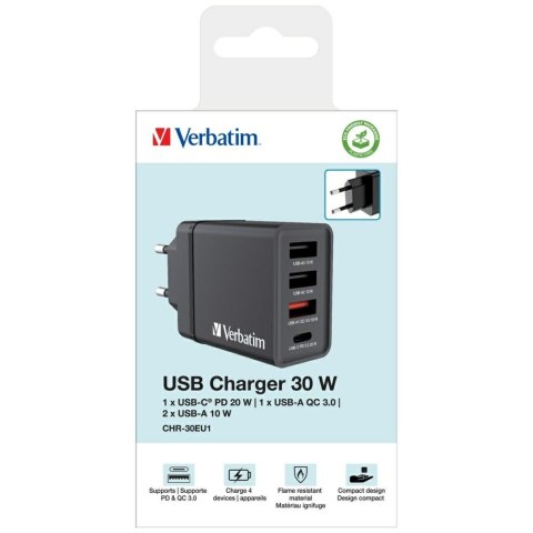 Verbatim Ładowarka sieciowa 30W 3x USB-A/USB-C PD 3.0 CHR-30EU2 czarny/black 49700