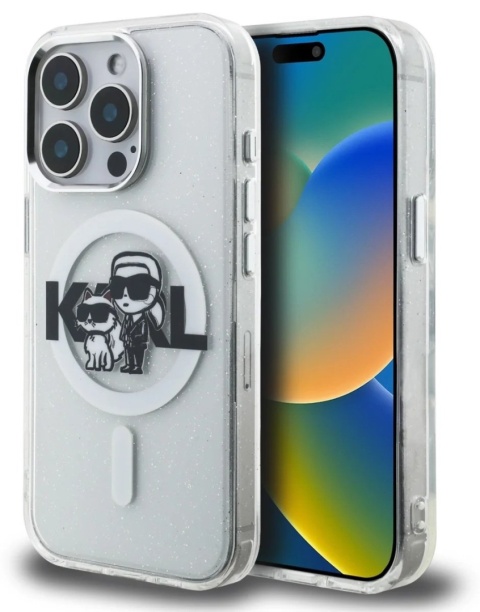 Karl Lagerfeld IML Glitter Karl i Choupette Sketch MagSafe etui na iPhone 15 Pro przezroczyste (KLHMP15LHGKCGKBT)