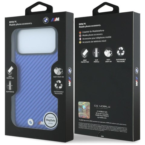 Etui BMW M Carbon Metal Logo Mag Safe do i Phone 18 Pro / 17 Pro niebieski