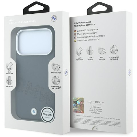 Etui BMW Sign Inclined Deboss Letters Mag Safe do i Phone 18 Pro Max / 17 Pro Max szary