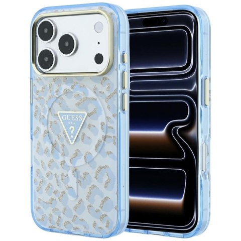 Etui Guess IML Leopard Glitter Triangle Logo Mag Safe do i Phone 18 Pro Max / 17 Pro Max niebieski