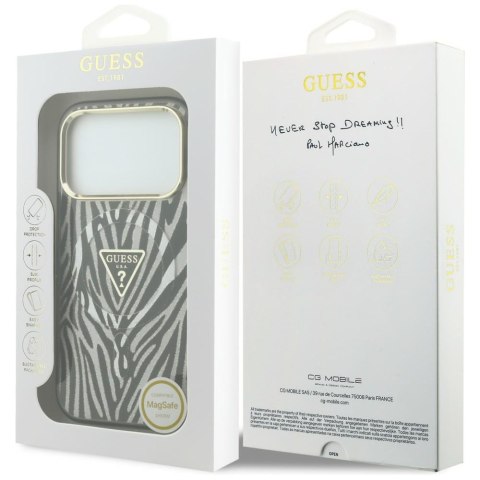 Etui Guess IML Zebra Glitter Triangle Logo Mag Safe do i Phone 18 Pro Max / 17 Pro Max srebrny