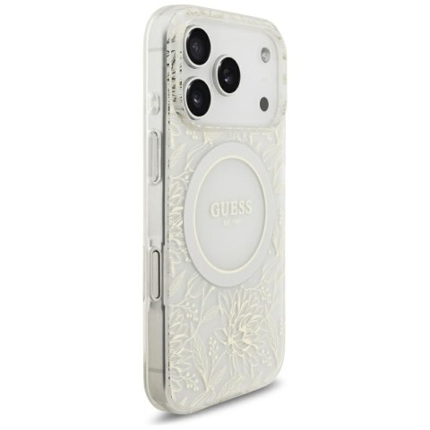Etui Guess IML Flowers Allover Electroplated with Pearl Strap Mag Safe do i Phone 18 Pro / 17 Pro biały