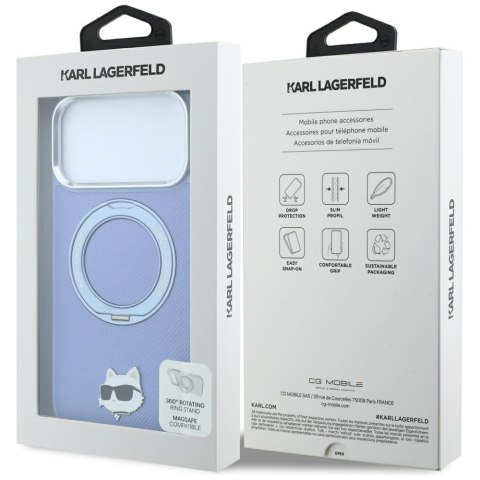 Etui Karl Lagerfeld with Ring Stand 360 Choupette Head Pin MagSafe do iPhone 18 Pro / 17 Pro jasnoniebieski