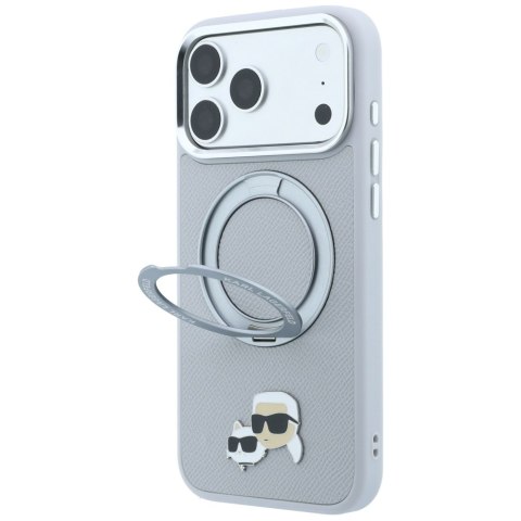 Etui Karl Lagerfeld with Ring Stand 360 Karl & Choupette Heads Pin MagSafe do iPhone 18 Pro Max / 17 Pro Max szary