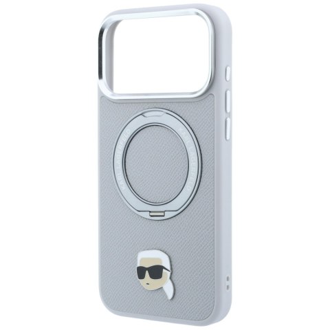Etui Karl Lagerfeld with Ring Stand 360 Karl Head Pin MagSafe do iPhone 18 Pro / 17 Pro szary